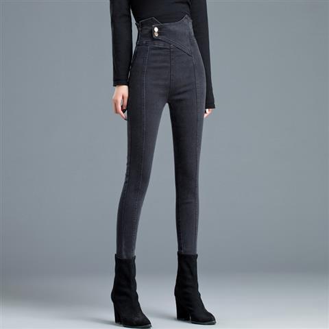 Black and grey skinny jeans for women, 2023 Spring and Autumn new style, ultra-high waist, slimming, elastic tight pencil pants detail image 6