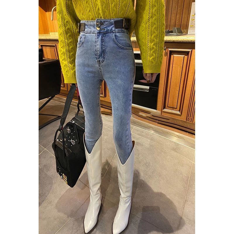 2023 Autumn/winter flexed jeans with a women's belt design, high-waisted, elastic and slimming, versatile 9-inch small-leg pencil pants detail image 8