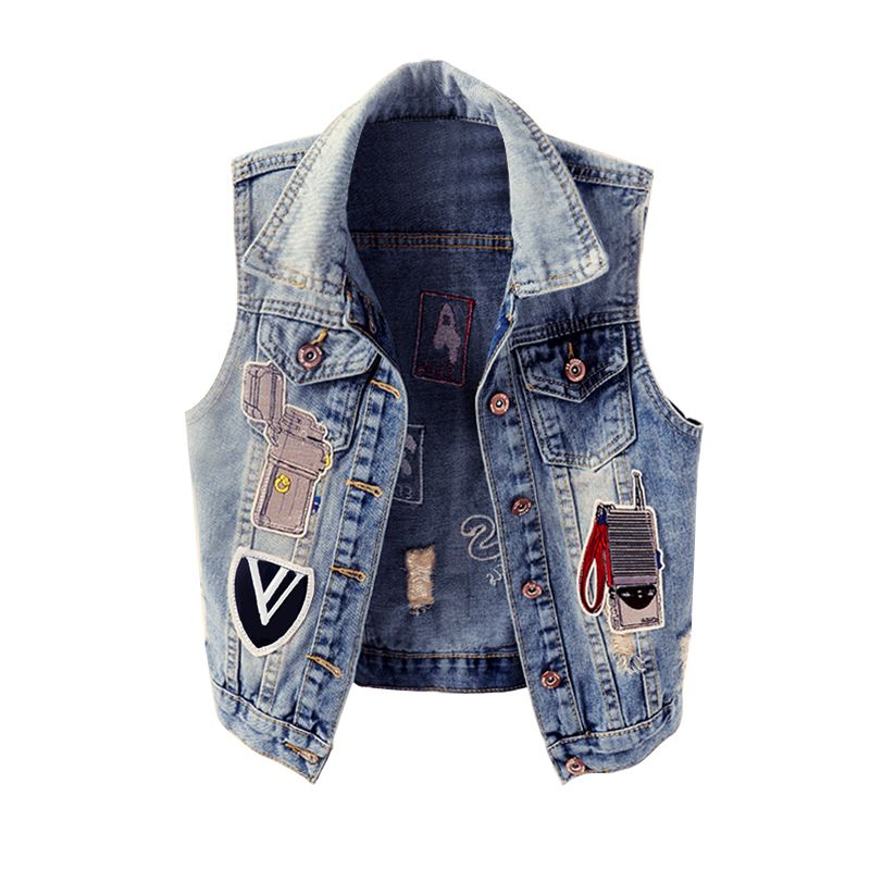 2023 Spring and Autumn New European fashion and individuality, perforated patchwork denim vest, women's summer short vest, waistcoat, waistcoat detail image 3