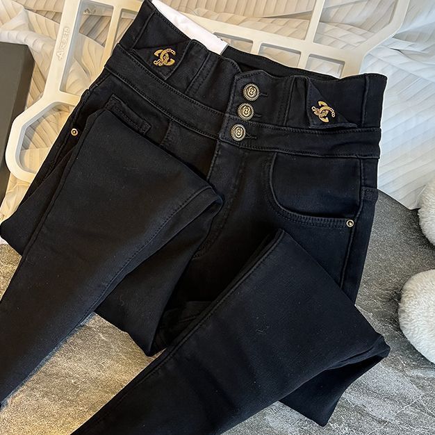 High-waisted black fleece thickened jeans for women, 2023 autumn/winter new style stretch tight small-leg buttoned pencil pants, trendy