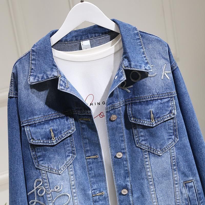 The new Korean version of the denim jacket with embroidered letters, loose and chubby girls, large size, versatile, casual and short style, trendy Item Picture