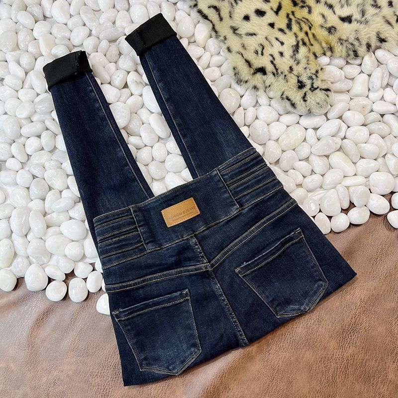 Winter fleece and thickened jeans with a volleyball button design, high-waisted, slimming and versatile pencil skinny pants, trendy detail image 5