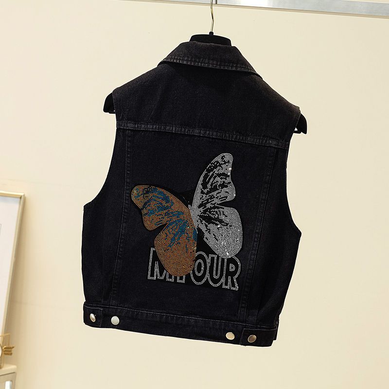 大码牛仔马甲女春秋新款韩版宽松200斤 外穿百搭烫钻胖妹妹马夹潮