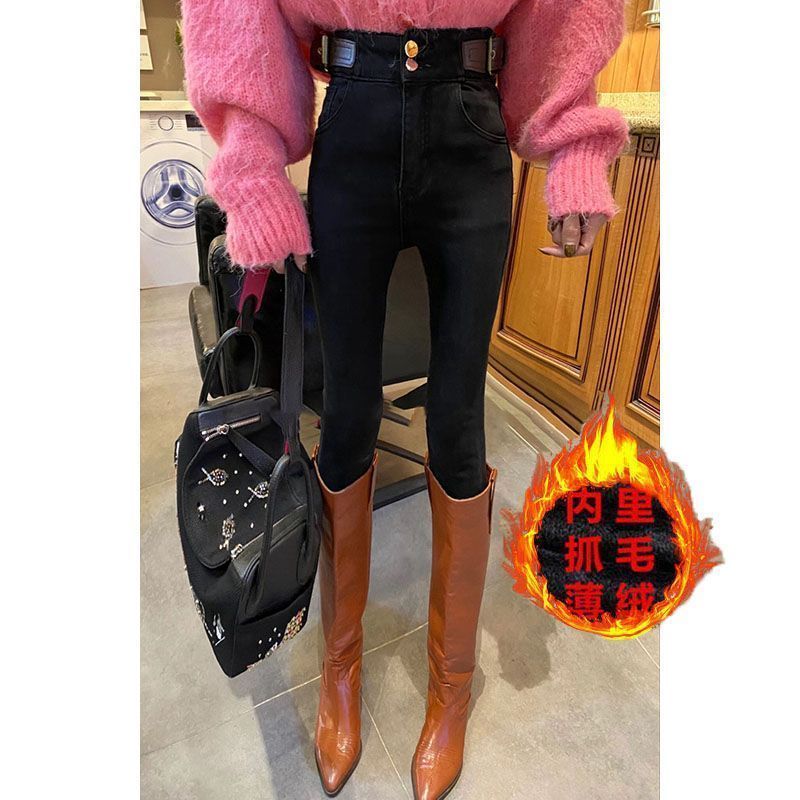 2023 Autumn/winter flexed jeans with a women's belt design, high-waisted, elastic and slimming, versatile 9-inch small-leg pencil pants detail image 5
