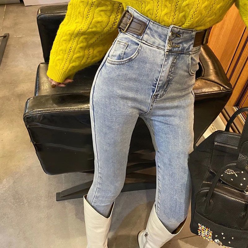 2023 Autumn/winter flexed jeans with a women's belt design, high-waisted, elastic and slimming, versatile 9-inch small-leg pencil pants detail image 7