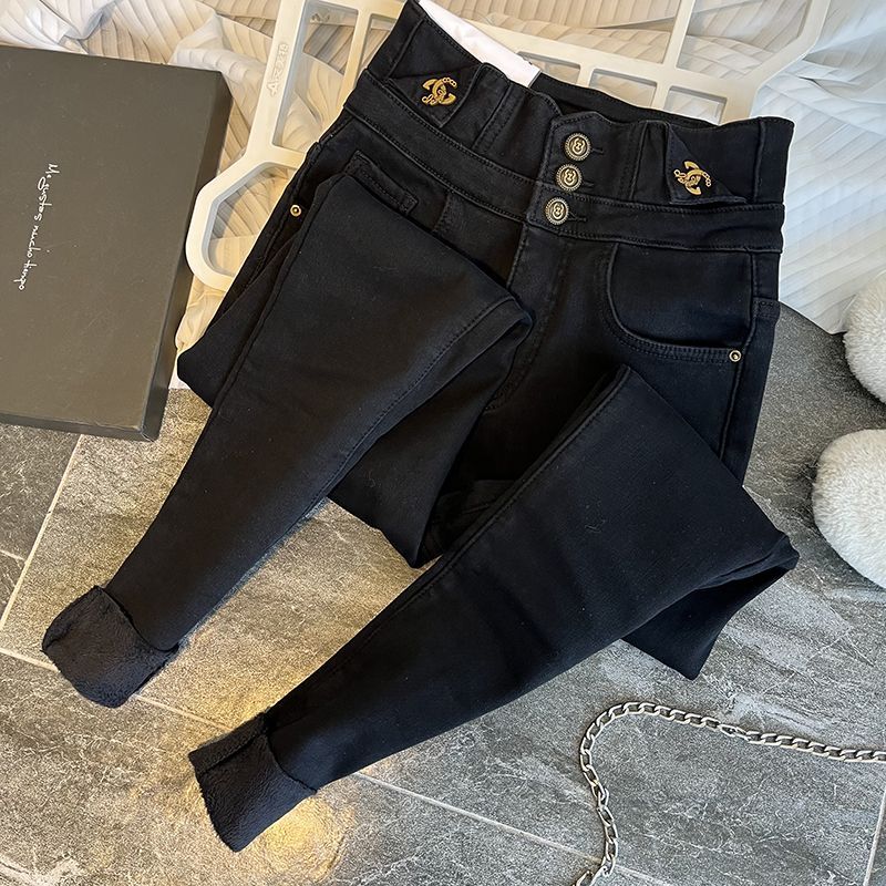 High-waisted black fleece thickened jeans for women, 2023 autumn/winter new style stretch tight small-leg buttoned pencil pants, trendy detail image 8