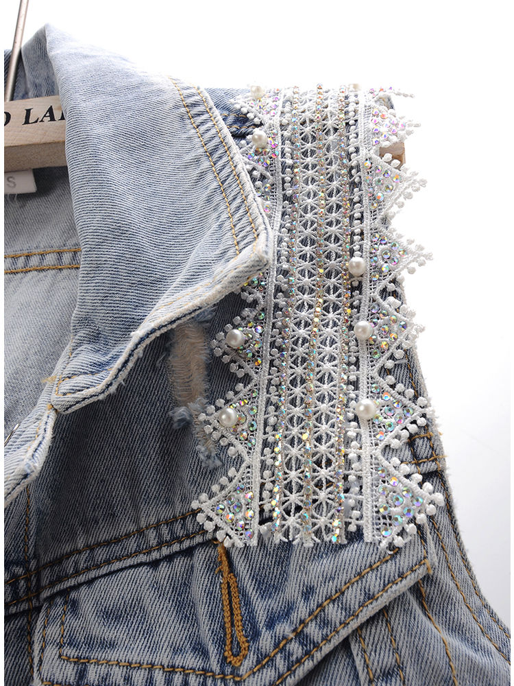 The 2023 spring new Korean-style lace beaded denim vest women's short sleeveless vest jacket is trendy Item Picture