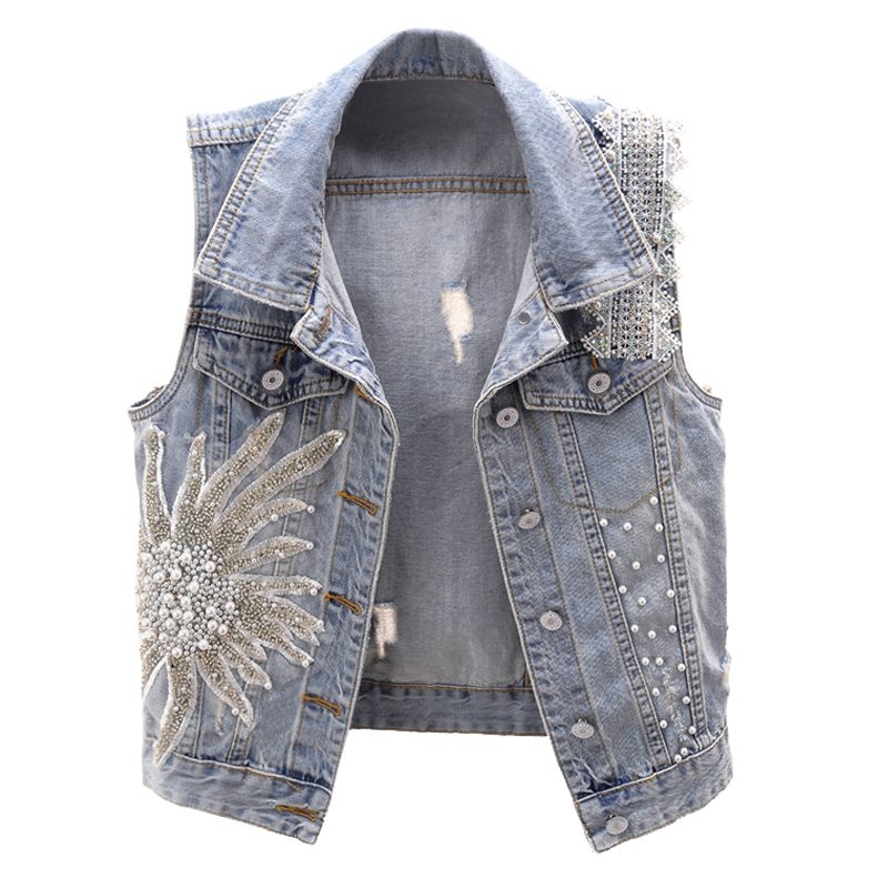 The 2023 spring new Korean-style lace beaded denim vest women's short sleeveless vest jacket is trendy