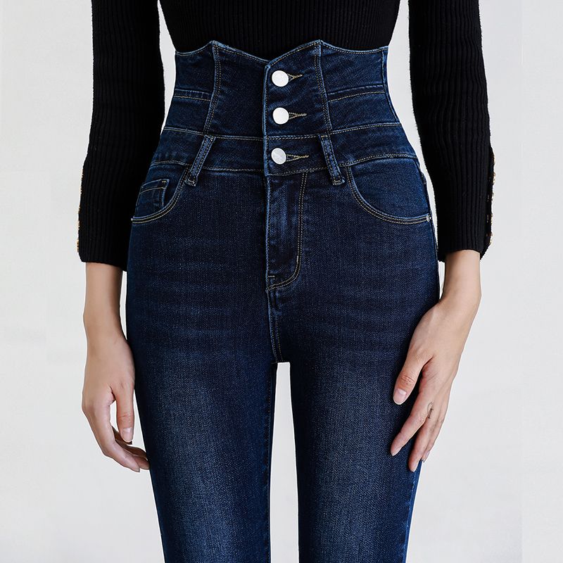 Waisted high-waisted jeans for women 2023 Spring and Autumn new style, slimming, large-sized dark blue stretch long pants for petite feet details Picture