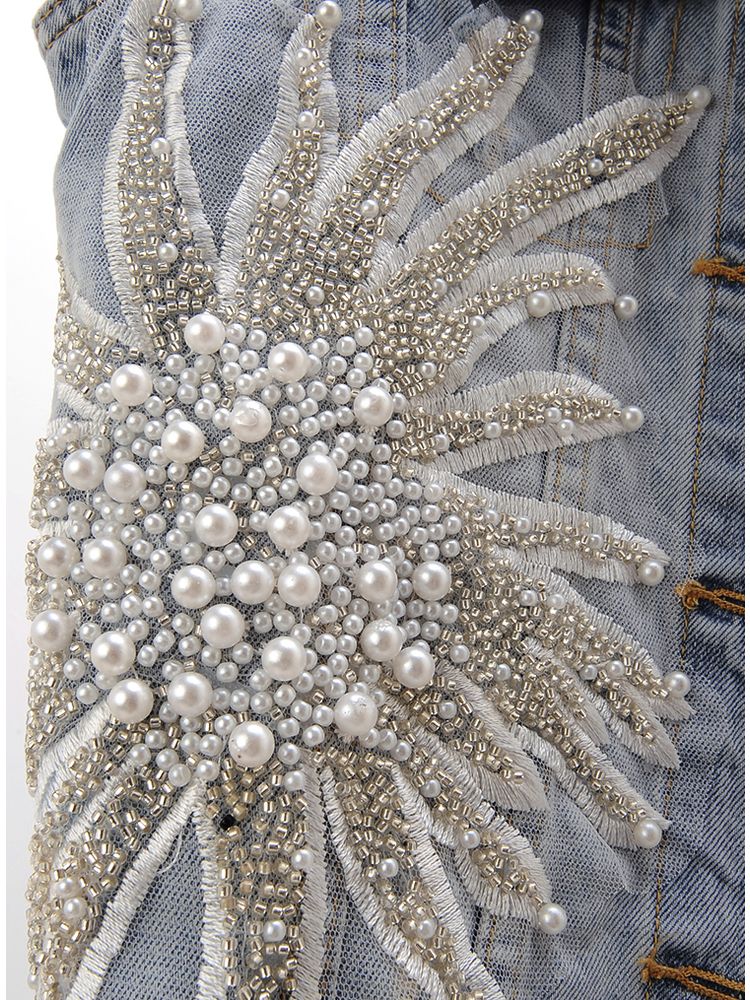 The 2023 spring new Korean-style lace beaded denim vest women's short sleeveless vest jacket is trendy detail image 2