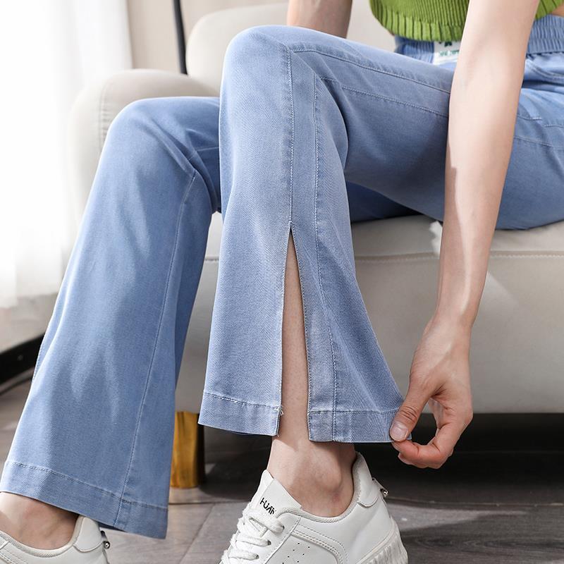 浅色微喇牛仔裤女夏季薄款高腰超软莱赛尔冰丝超薄侧开叉喇叭裤子详情图3