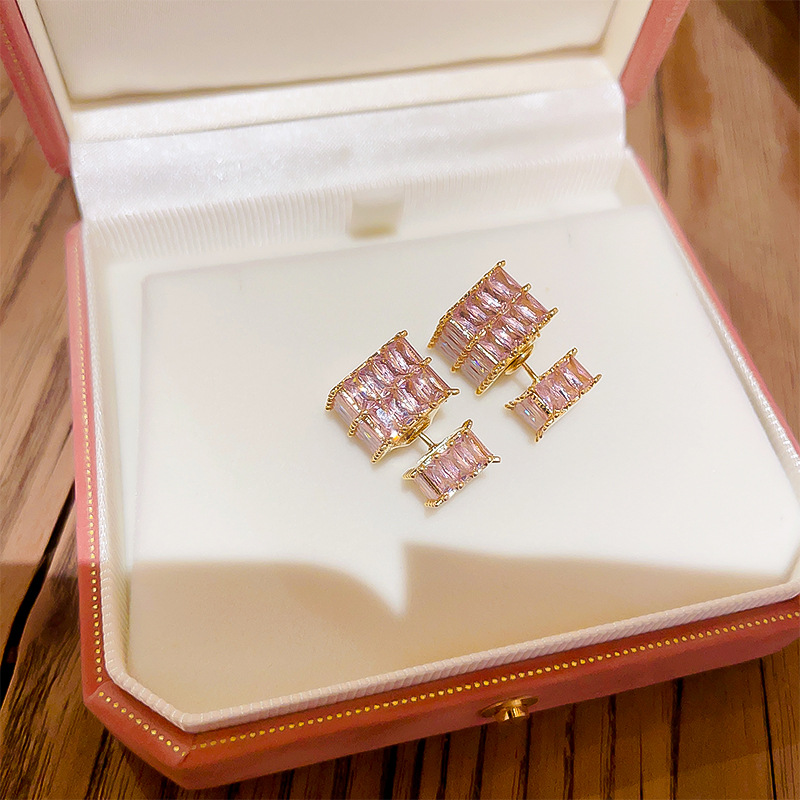 French crystal zircon water cube pair of small and exquisite stud earrings, Instagnetiz-popular Japanese and Korean versatile silver needle earrings detail image 7