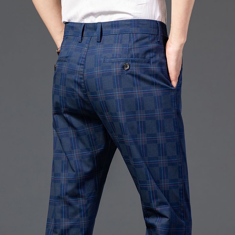 高档休闲裤男2023新品格子裤子潮韩版弹力直筒裤男士休闲长裤潮流