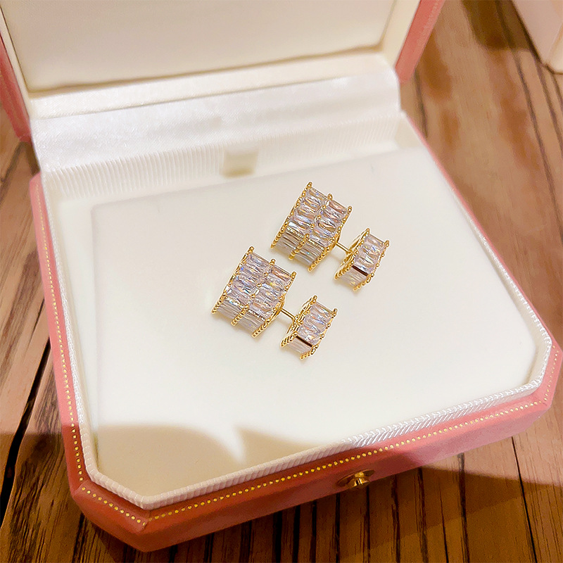 French crystal zircon water cube pair of small and exquisite stud earrings, Instagnetiz-popular Japanese and Korean versatile silver needle earrings detail image 6