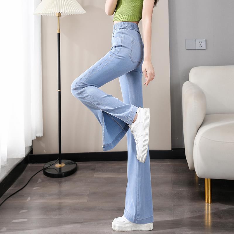 浅色微喇牛仔裤女夏季薄款高腰超软莱赛尔冰丝超薄侧开叉喇叭裤子详情图8