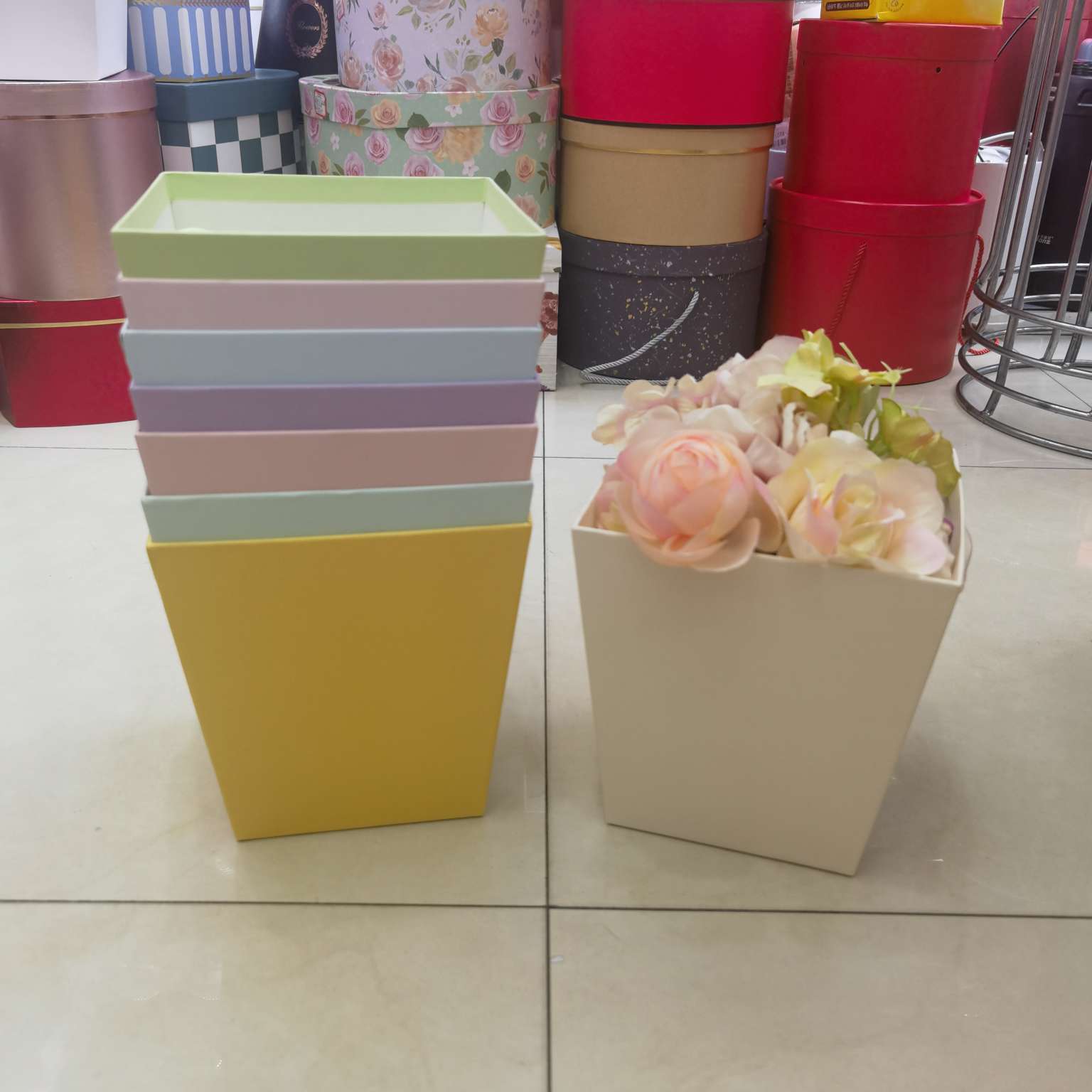 Trapezoidal Macaron Color Flower Gift Box Application Scenario