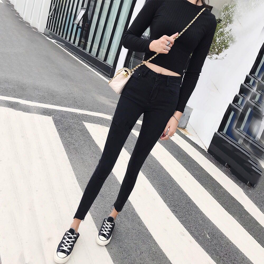 High Waist Jeans Women 2023 Spring/Summer New Korean Version Of Skinny Skinny Pants Elastic Fashion Pencil Nine-Point Pants details Picture