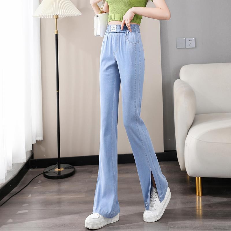 浅色微喇牛仔裤女夏季薄款高腰超软莱赛尔冰丝超薄侧开叉喇叭裤子详情图4