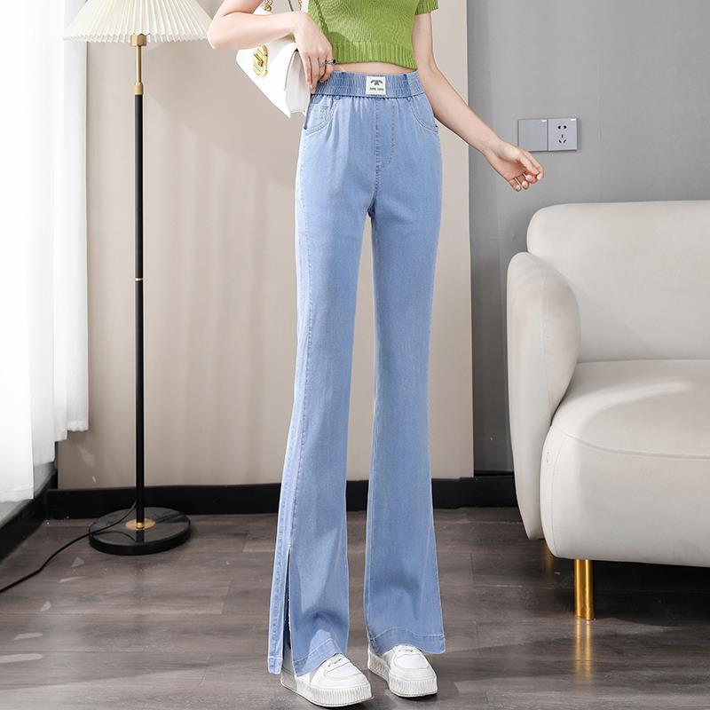 浅色微喇牛仔裤女夏季薄款高腰超软莱赛尔冰丝超薄侧开叉喇叭裤子详情图5