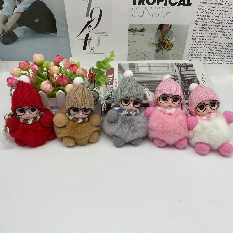Creative cute imitation rabbit hair glasses doll plush doll key chain cartoon hairball keychain hanging doll machine