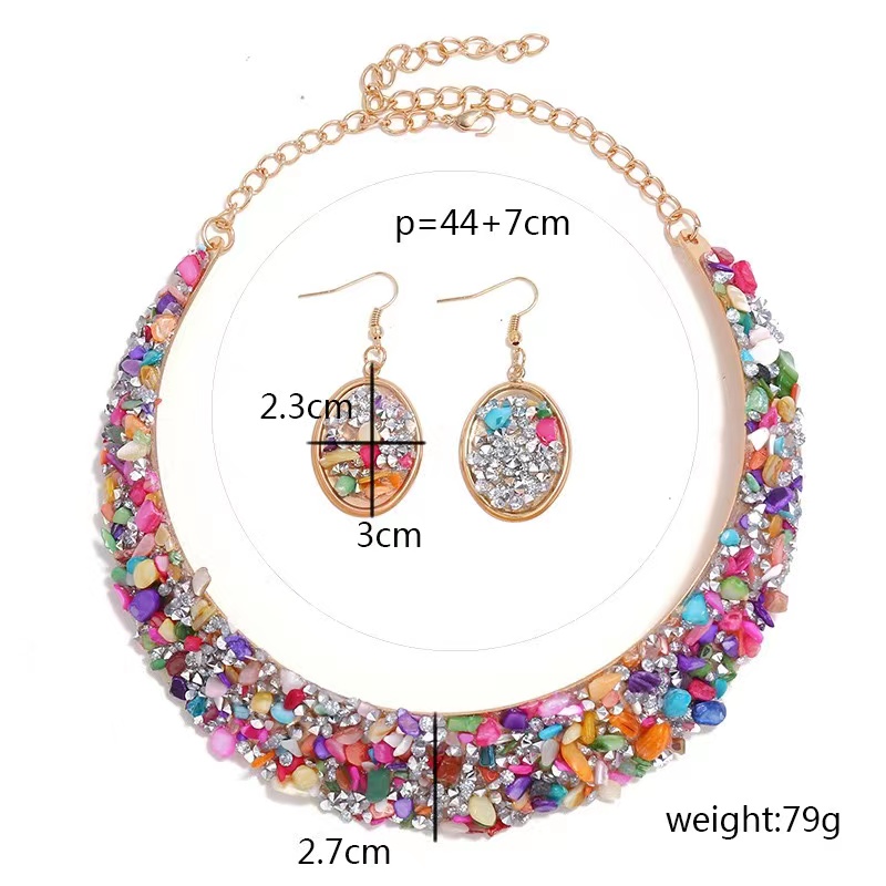 Cross-border Amazon Shein Pinduoduo Overseas Edition Best-selling European and American fashion trend, Bohemian style electroplated women's metal collar and neck set with raw stone and diamond inlays Item Picture