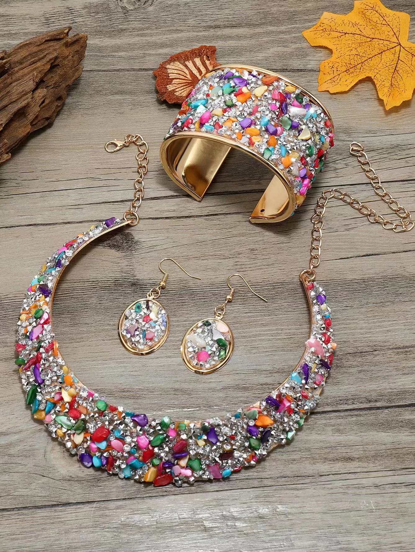 Cross-border Amazon Shein Pinduoduo Overseas Edition Best-selling European and American fashion trend, Bohemian style electroplated women's metal collar and neck set with raw stone and diamond inlays