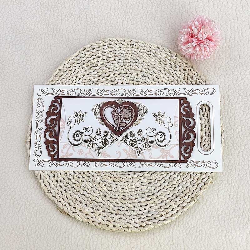 Foreign Trade Custom Africa Middle East Long Elegant Love Small Wooden Chip Pattern Gold Hollowing Wooden Wedding Invitation Business Invitation Birthday Invitation Banquet Greeting Card Manufacturers Direct Wholesale Item Picture
