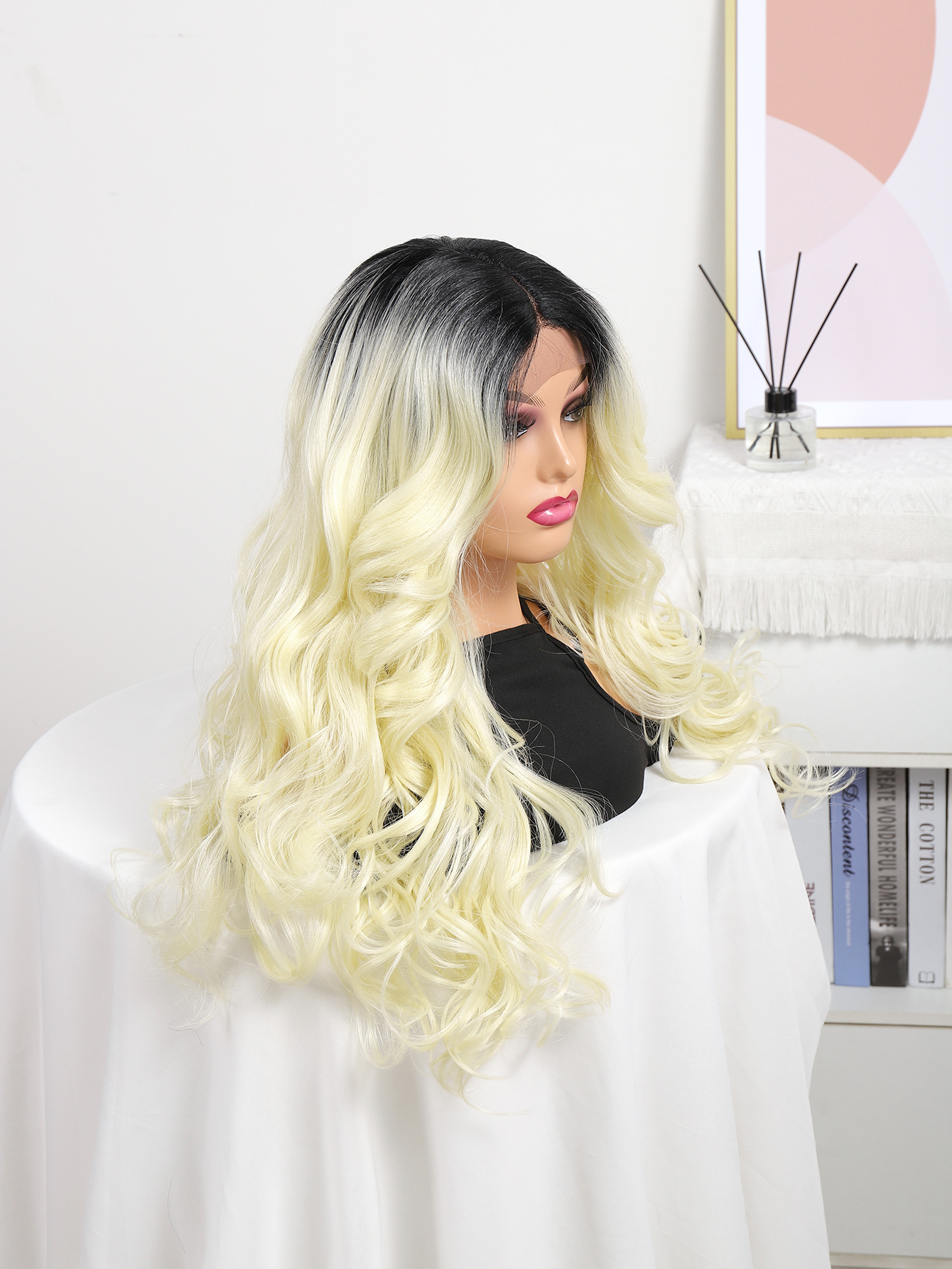 Influencers peluca fade color mujer chal largo rizado medio dividido onda esponjoso natural cabeza completa blonde wig Specification image