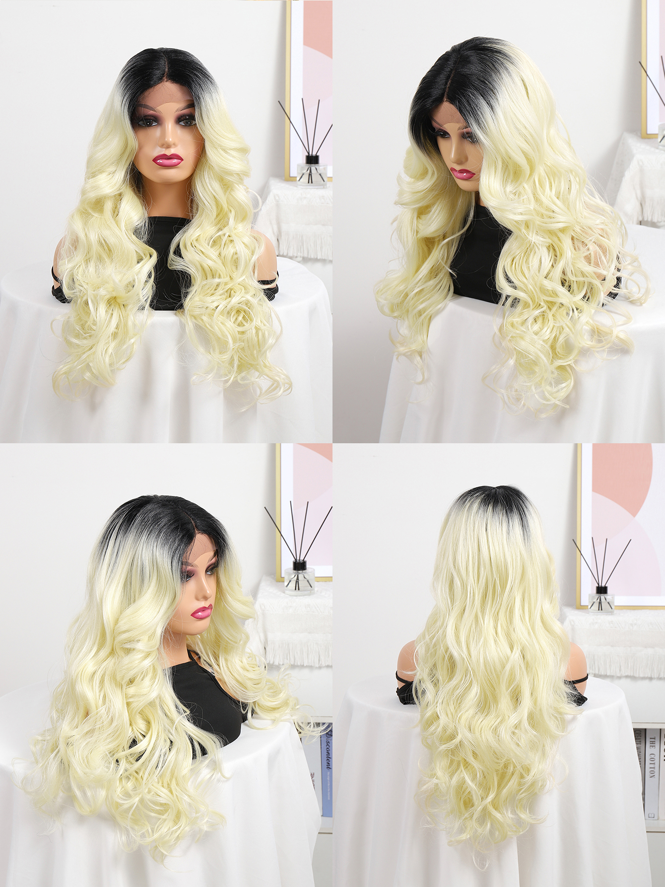 Influencers peluca fade color mujer chal largo rizado medio dividido onda esponjoso natural cabeza completa blonde wig