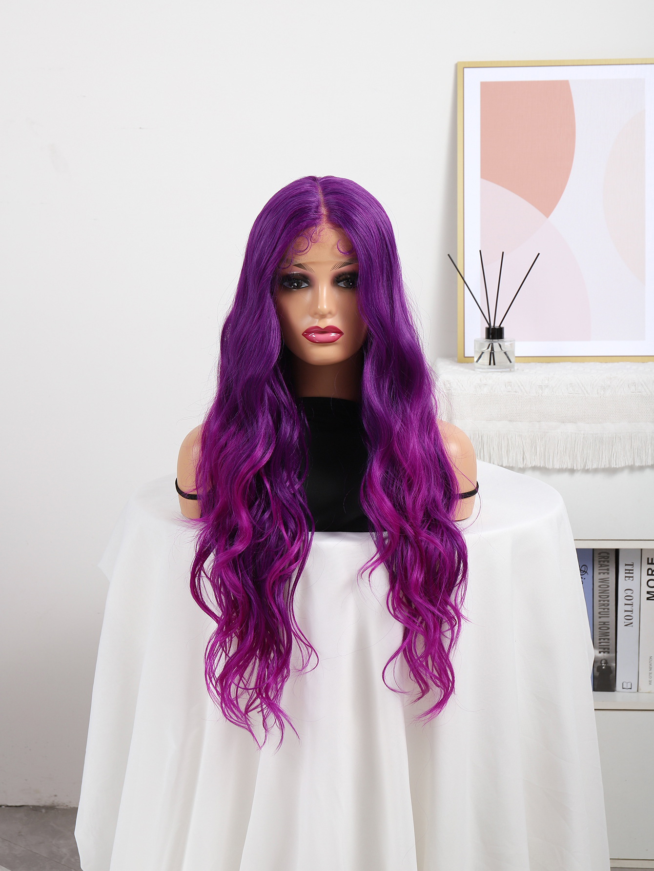 Front lace full wig, mid-parted long hair, wavy rose pink with gradual changes, slender hands, high-temperature silk wig hair wigs details Picture
