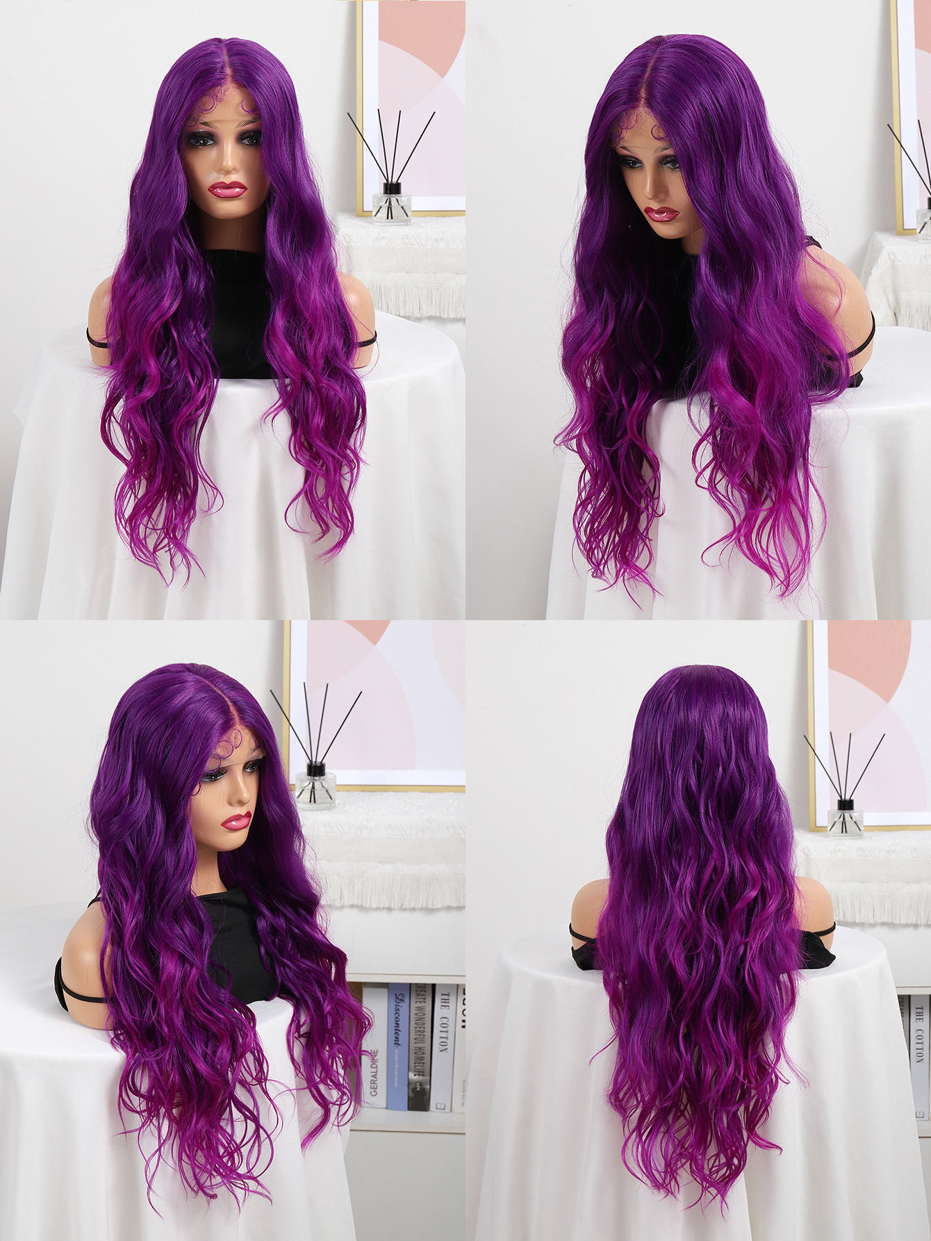 Front lace full wig, mid-parted long hair, wavy rose pink with gradual changes, slender hands, high-temperature silk wig hair wigs