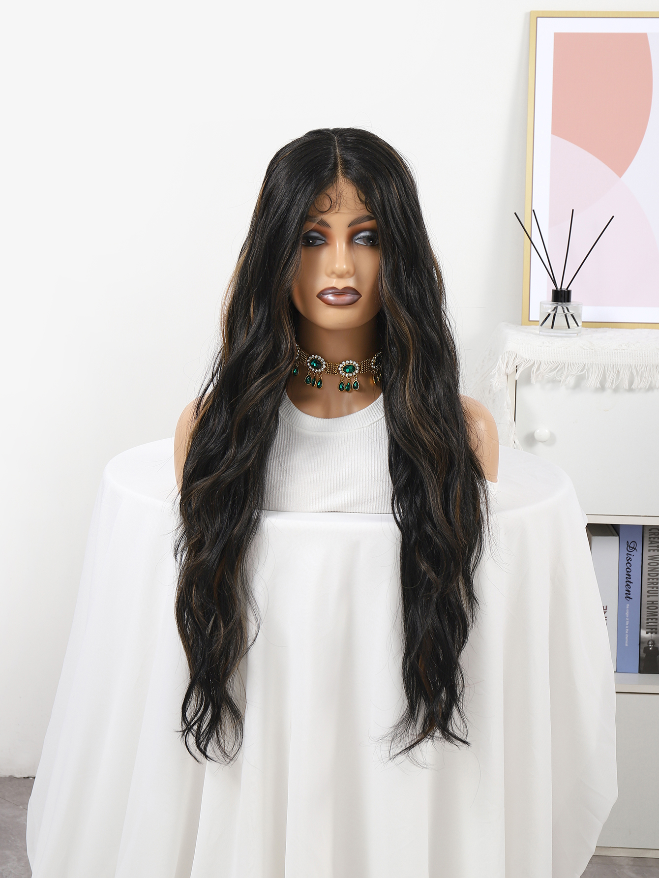 Direct sales of European and American wig for women, wavy mid-split, high-temperature silk, chemical fiber, and lace headgear details Picture