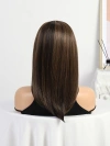 This is a medium-length foreign trade wig for women in Europe and America. It features brown highlights, straight hair, slanted parts, and fluffy synthetic fibers Item Picture