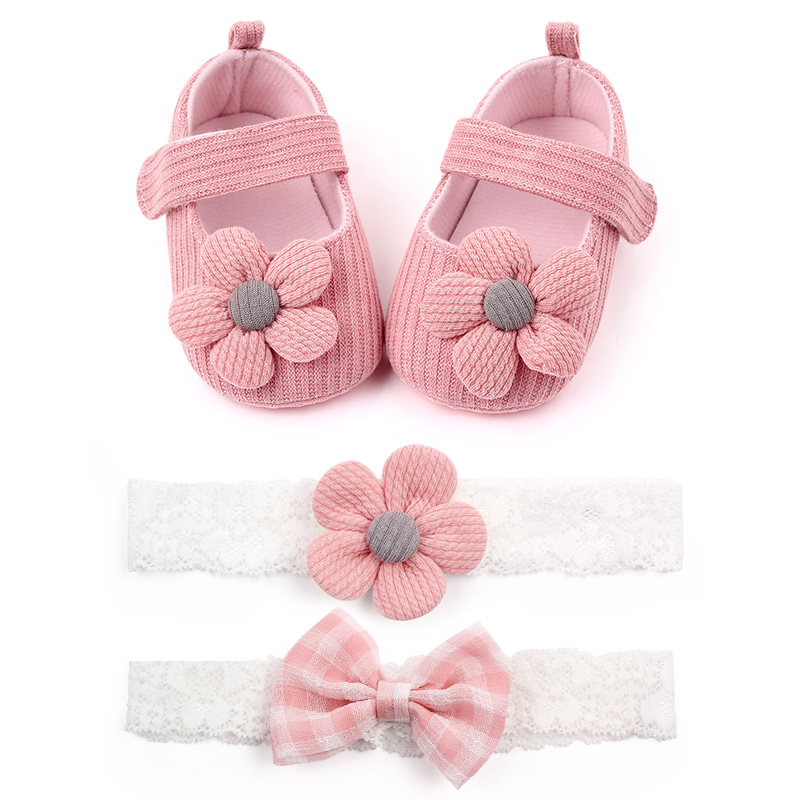 baby girl soft cotton wool knitting cute flower shoes with hairband 2 piece set details Picture