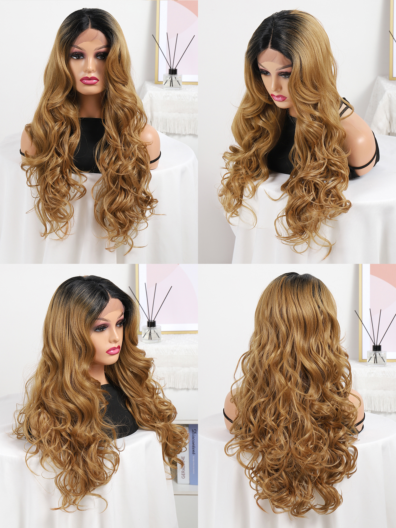 Amazon factory direct sales hand-woven lace wig head cover, high-temperature silk long curly hair blonde wig