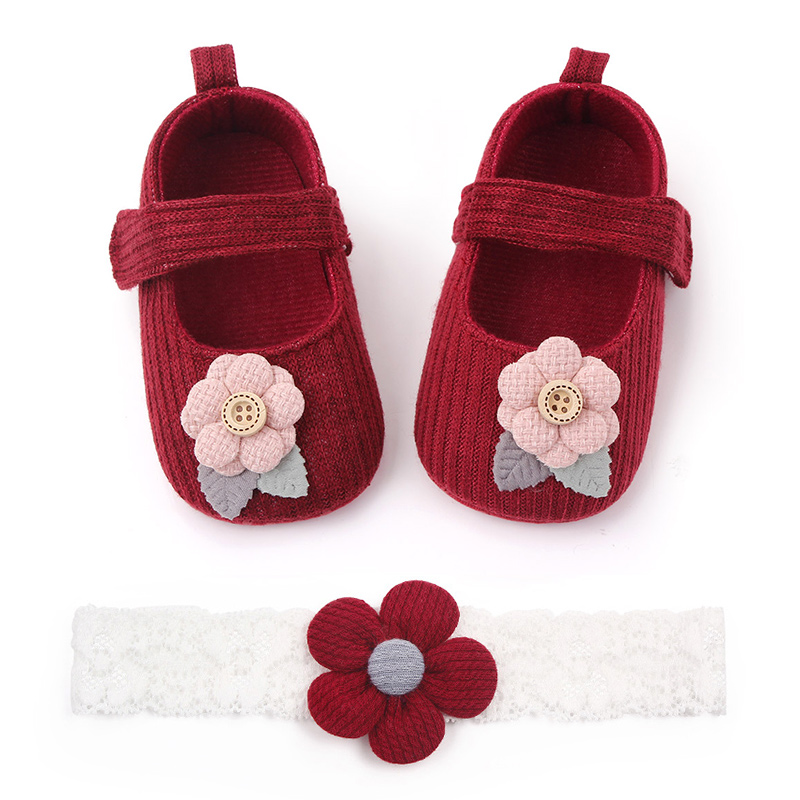 baby girl soft cotton wool knitting cute flower shoes with hairband 2 piece set Item Picture