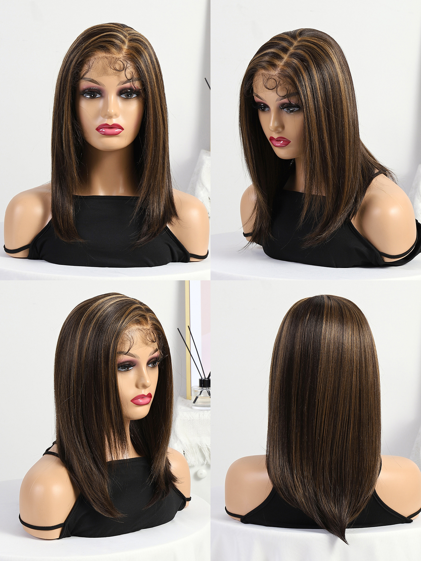 This is a medium-length foreign trade wig for women in Europe and America. It features brown highlights, straight hair, slanted parts, and fluffy synthetic fibers