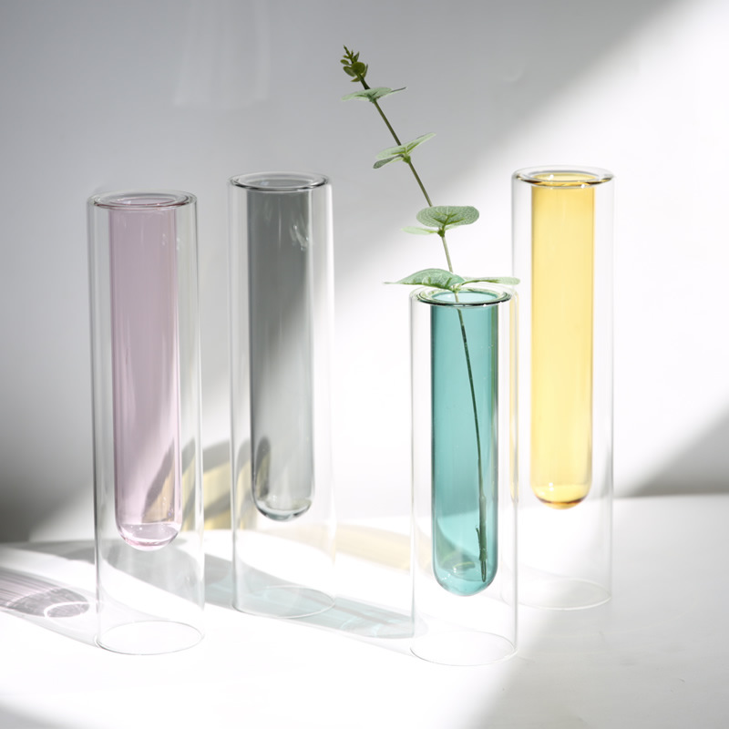 ins北欧双层彩色玻璃花瓶创意透明试管花器个性花艺百搭家居摆件工艺品