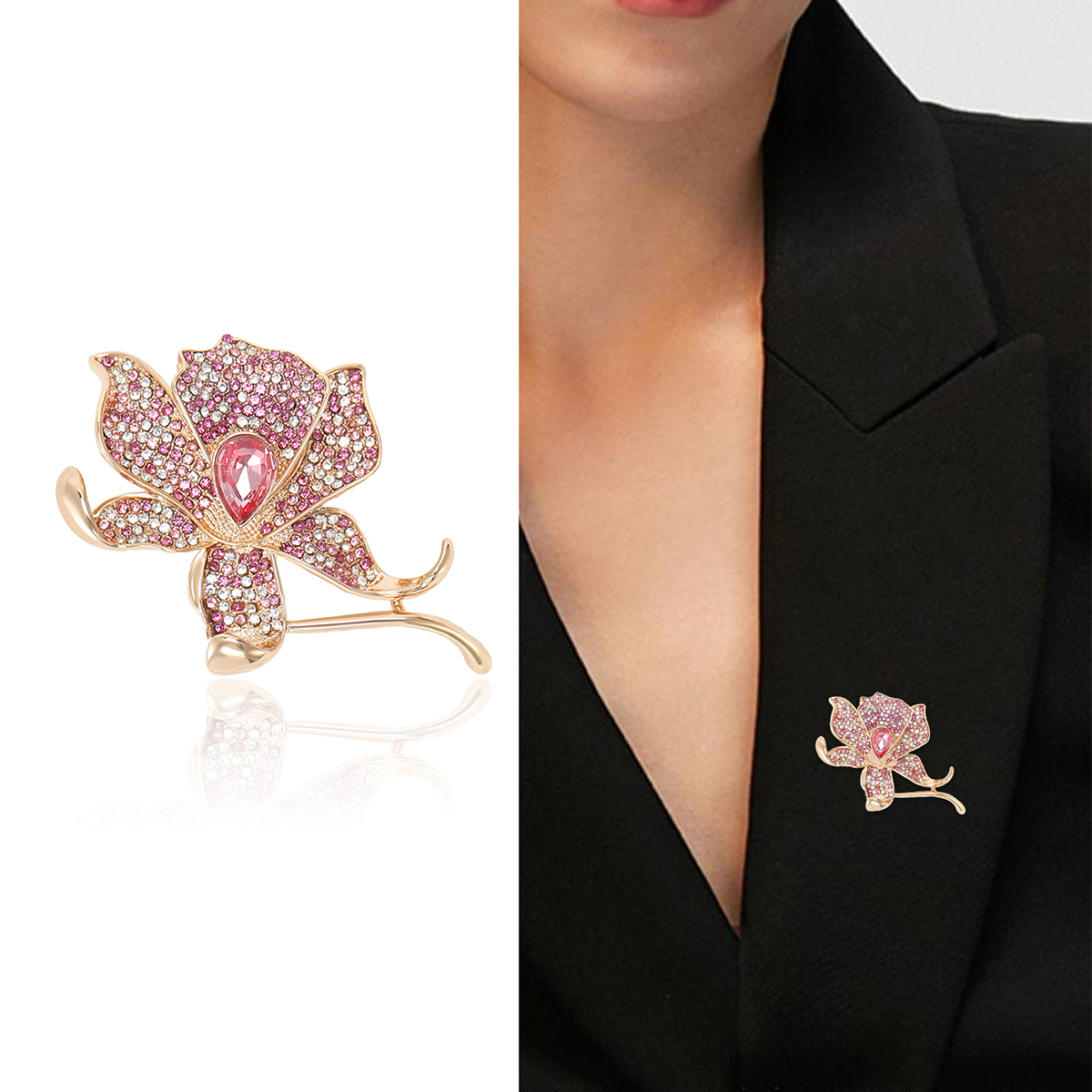 Elegant and refined lily brooch for women, high-end crystal grand suit brooch, Japanese and Korean plant and flower accessories, European and American colorful water diamond lily brooch, fashionable, elegant and grand brooch, versatile floral clothes and accessories for women