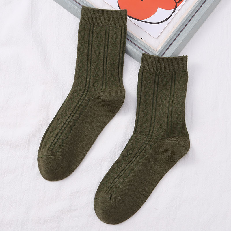 喜朗登春秋冬季纯色女士中筒袜 双针提花菱形格羊绒女袜子 厂家混色批发2060详情12