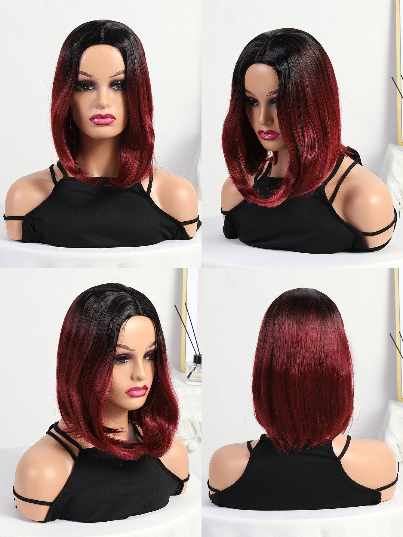 Transfronterizo europeo y americano teñido medio corte bobo peluca mujer comercio exterior corto cabello recto negro gradiente burdeos bobo