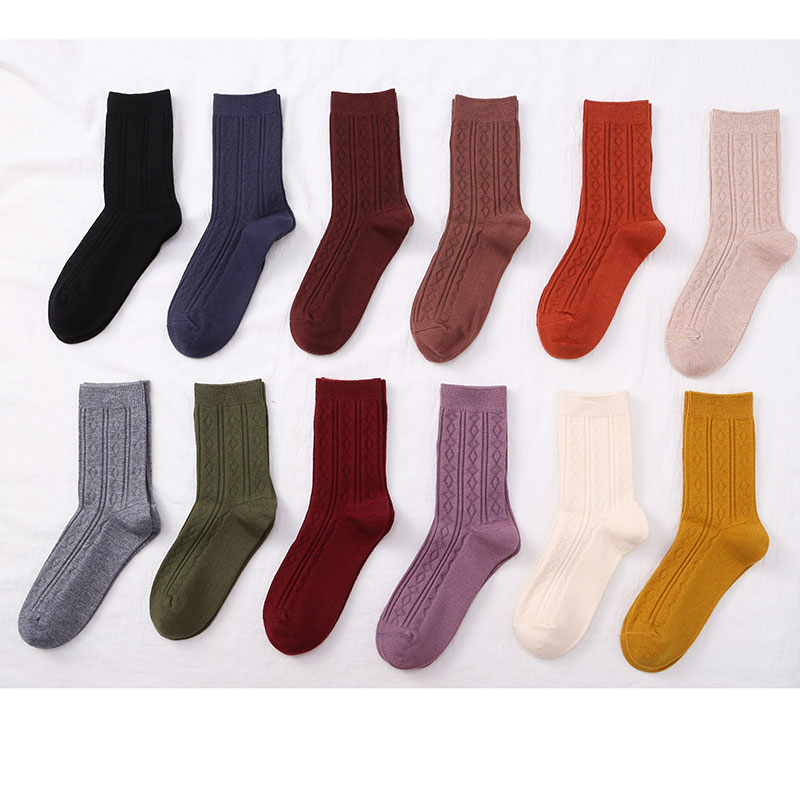 喜朗登春秋冬季纯色女士中筒袜 双针提花菱形格羊绒女袜子 厂家混色批发2060详情1