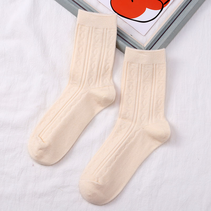 喜朗登春秋冬季纯色女士中筒袜 双针提花菱形格羊绒女袜子 厂家混色批发2060详情13