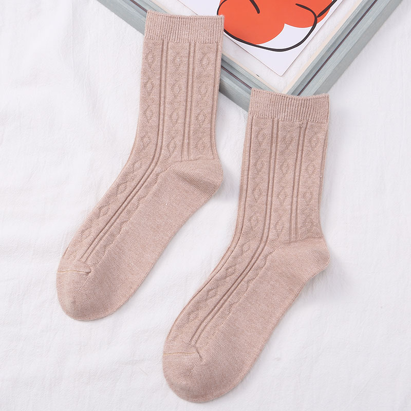 喜朗登春秋冬季纯色女士中筒袜 双针提花菱形格羊绒女袜子 厂家混色批发2060详情10