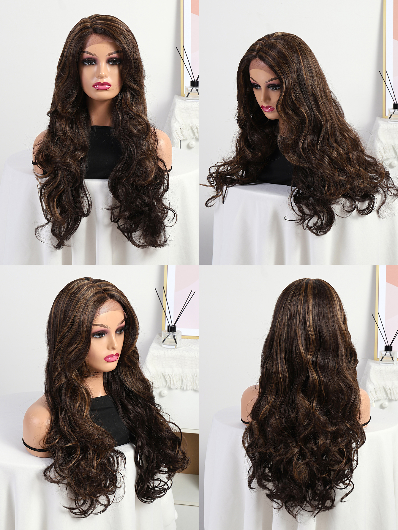 European and American women's wig, long curly hair, slanted parting, synthetic fiber head cover, front lace, small lace, foreign trade wig wig