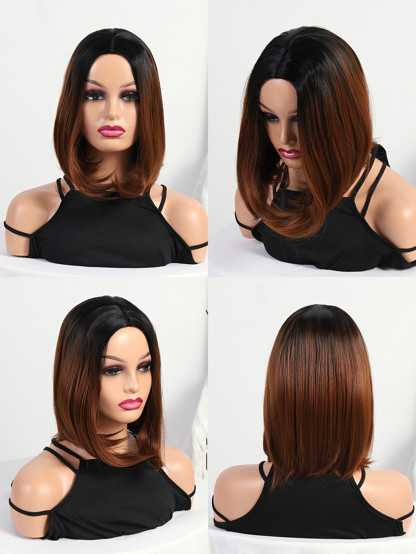 Transfronterizo europeo y americano teñido medio dividido peluca mujer comercio exterior corto cabello recto negro ombre rojo marrón bobo wigs