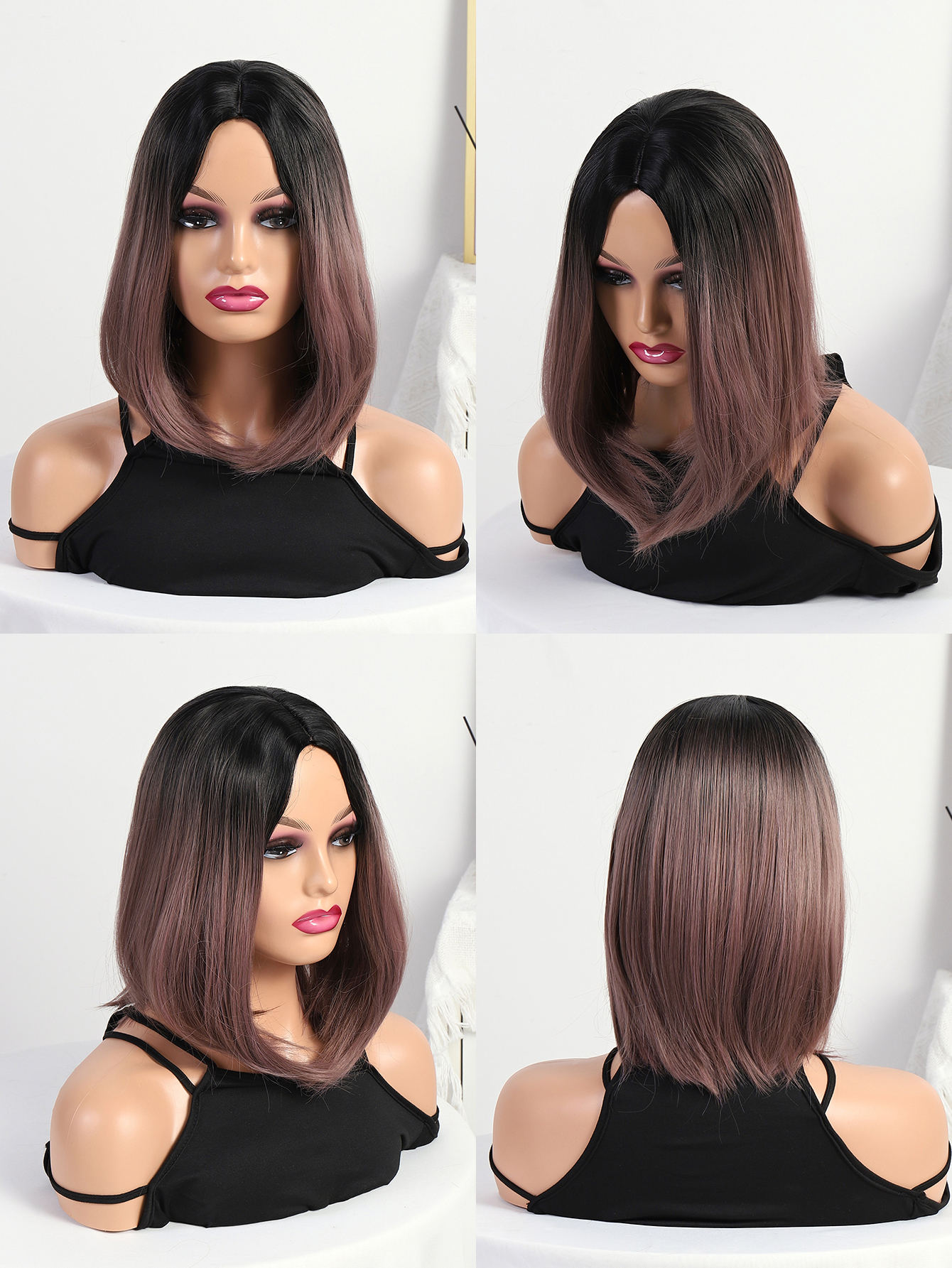 Europa y américa teñido medio corte bobo peluca mujer comercio exterior corto cabello recto negro gradiente cherry color bobo