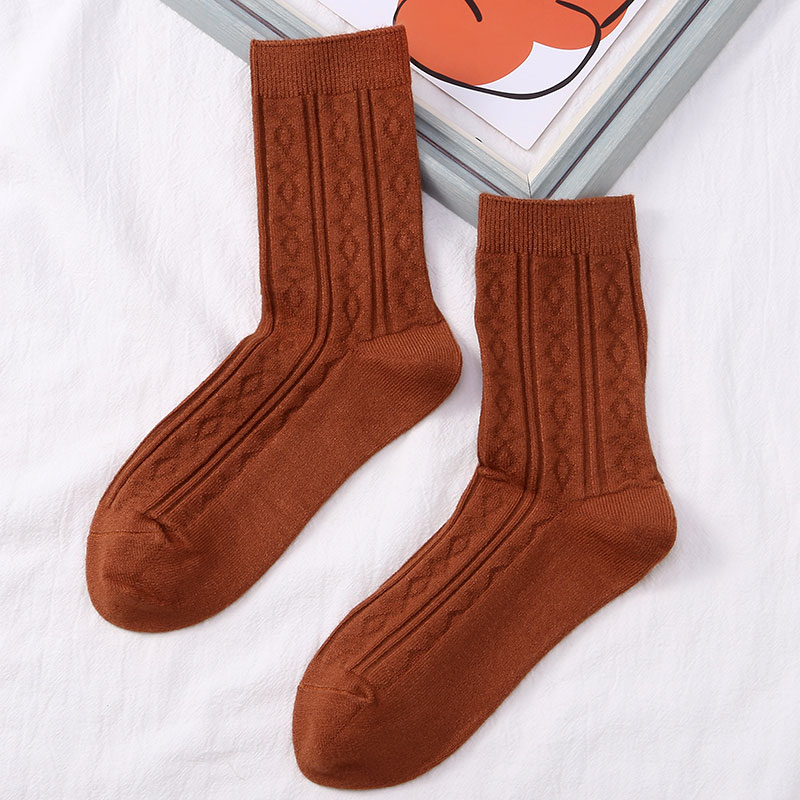 喜朗登春秋冬季纯色女士中筒袜 双针提花菱形格羊绒女袜子 厂家混色批发2060详情5