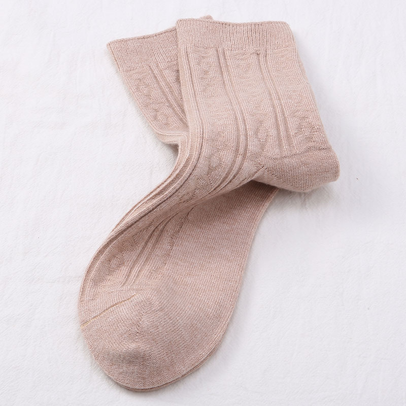 喜朗登春秋冬季纯色女士中筒袜 双针提花菱形格羊绒女袜子 厂家混色批发2060详情15