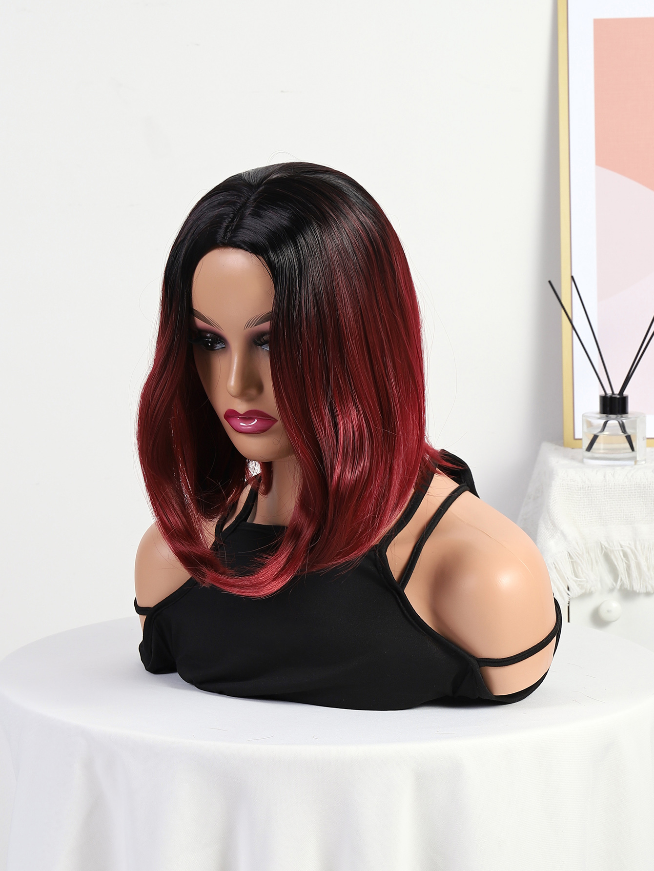 Transfronterizo europeo y americano teñido medio corte bobo peluca mujer comercio exterior corto cabello recto negro gradiente burdeos bobo Specification image